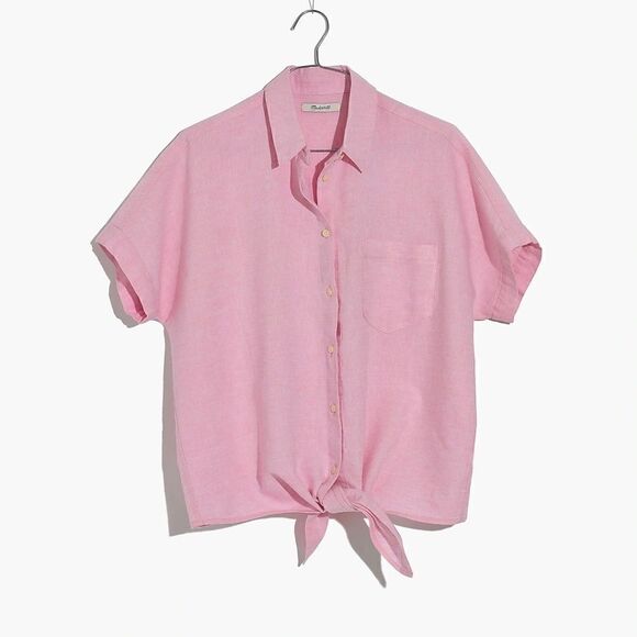 EUC Women's Madewell Tie Front Waist Button Front Top Blouse Shirt Pink MEDIUM - Picture 1 of 6